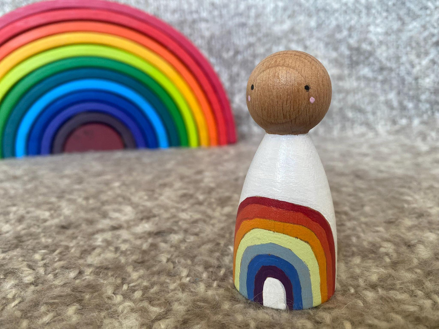 Hand painted rainbow design wooden peg doll (8cm)