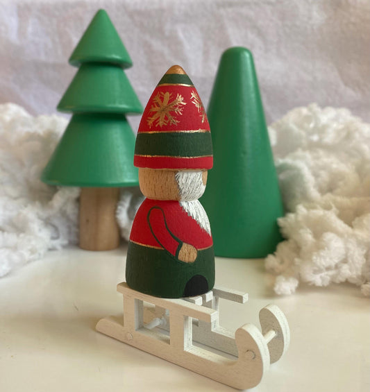 Christmas gonk (green, red and gold) hand painted wooden peg doll (7cm)