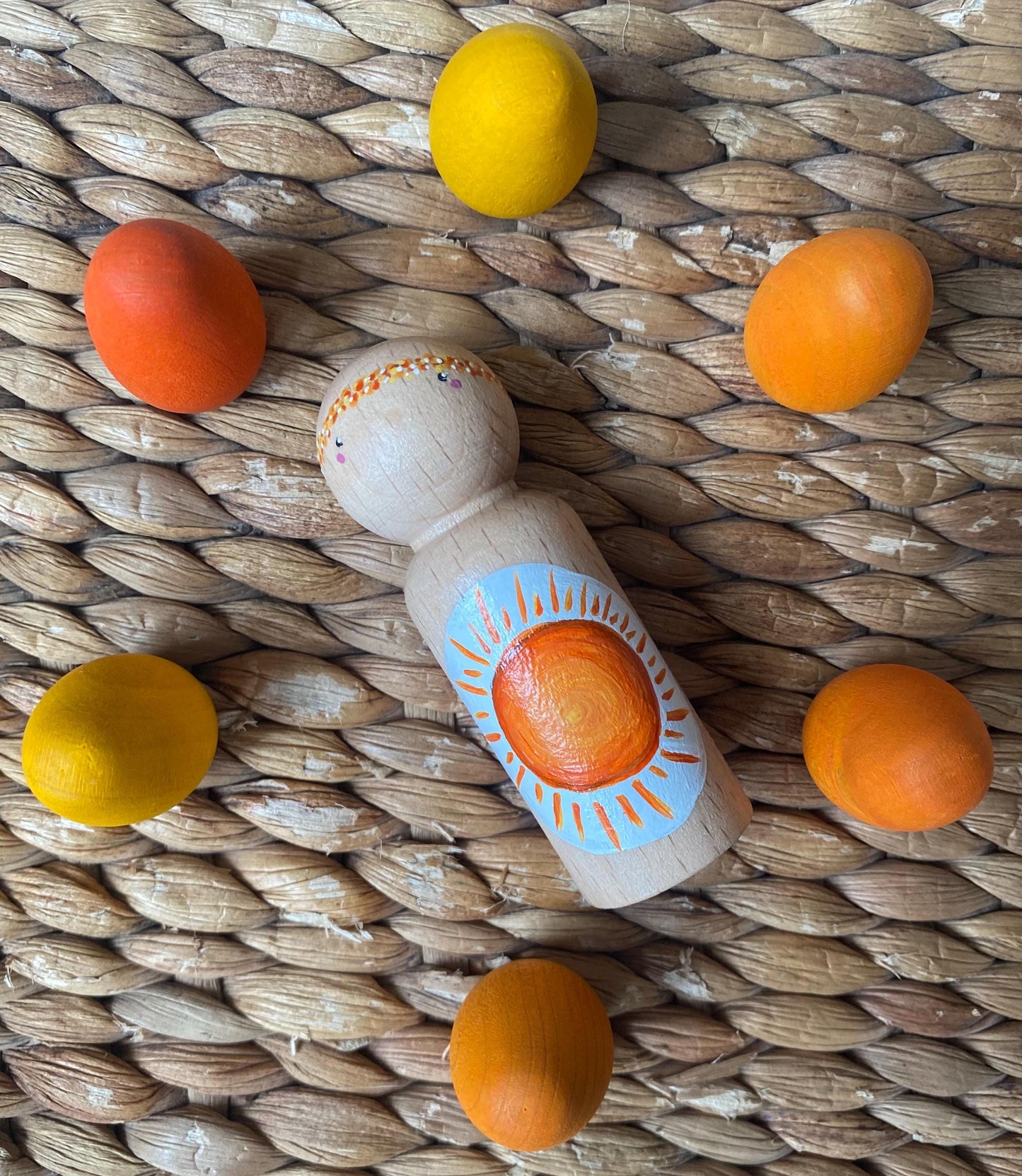 Hand painted sunshine design wooden peg doll (8cm)