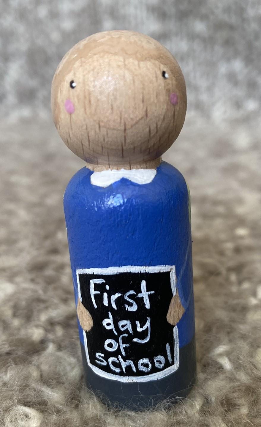 Hand painted First Day of School wooden peg doll (6.5cm)