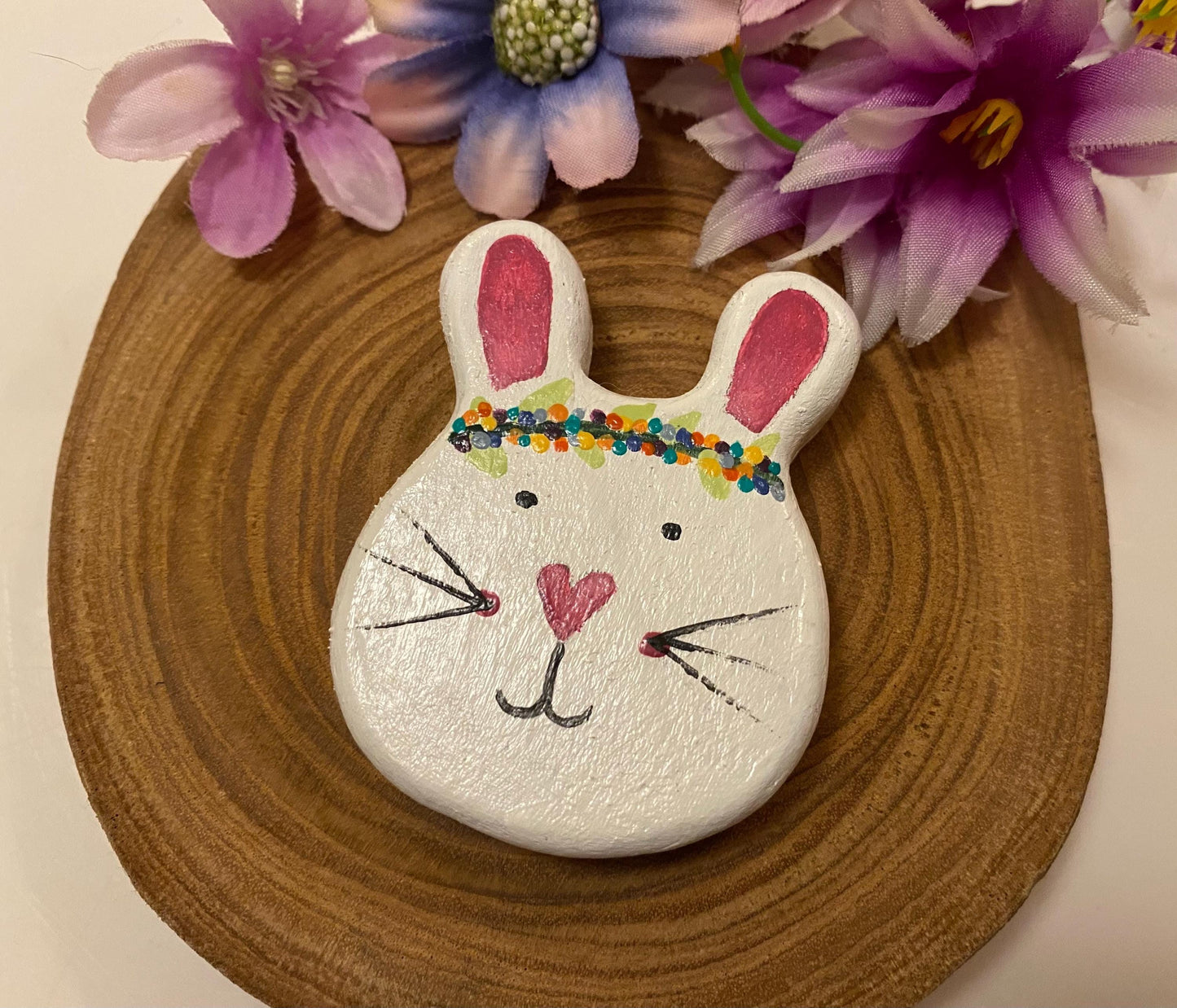 White wooden bunny with floral crown hand painted