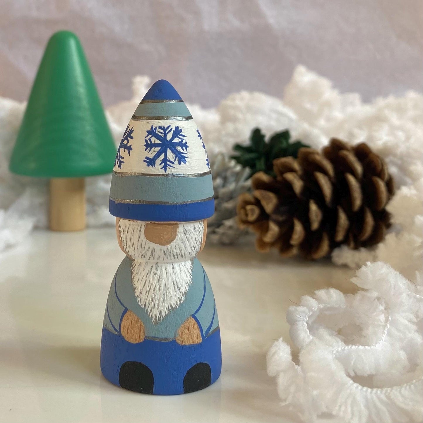 Christmas gonk (blue, white and silver) hand painted wooden peg doll (7cm)