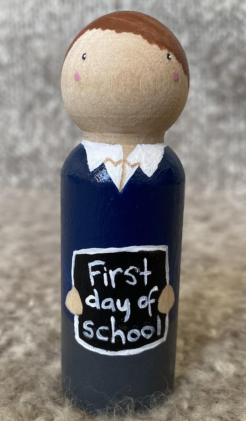 Hand painted First Day of School wooden peg doll (9cm)