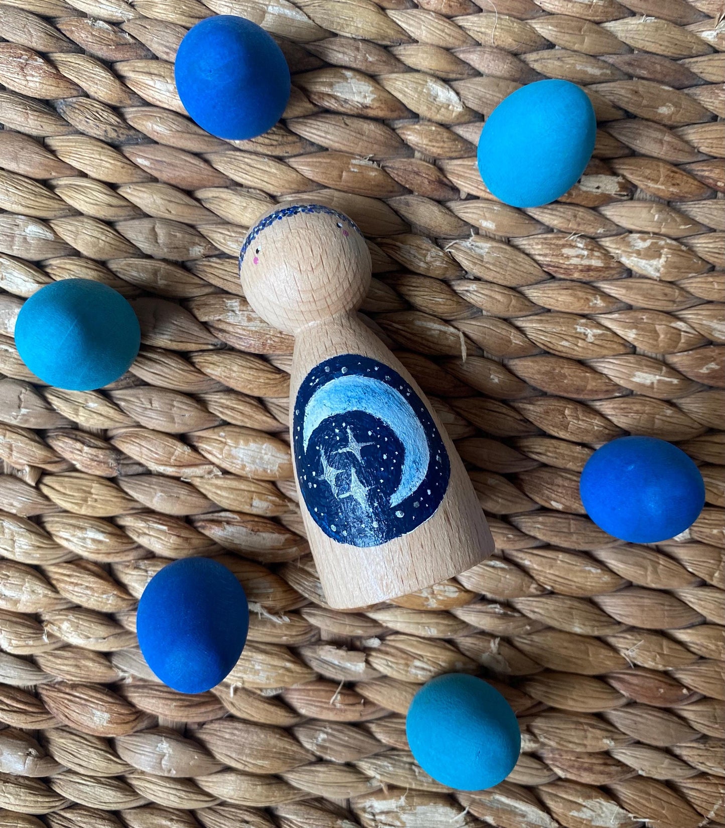 Hand painted crescent moon and stars wooden peg doll (8cm)