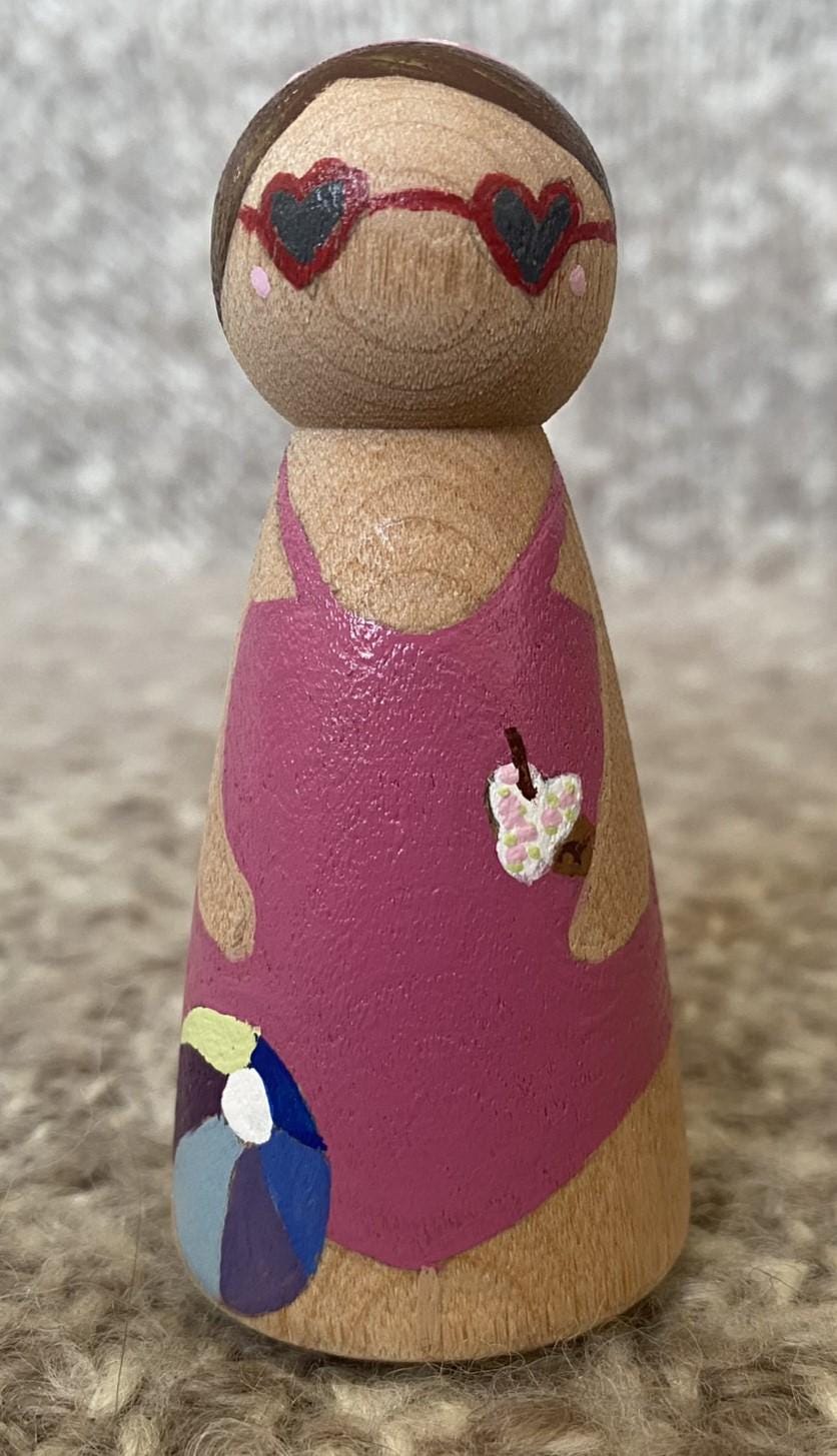 Handpainted pink swimsuit wooden peg doll (8 cm)
