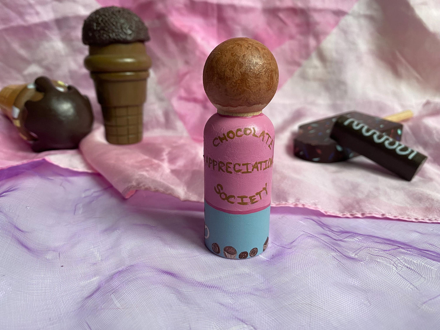 Hand painted Chocolate Appreciation Society wooden peg doll (8cm)