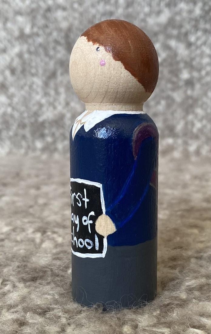 Hand painted First Day of School wooden peg doll (9cm)