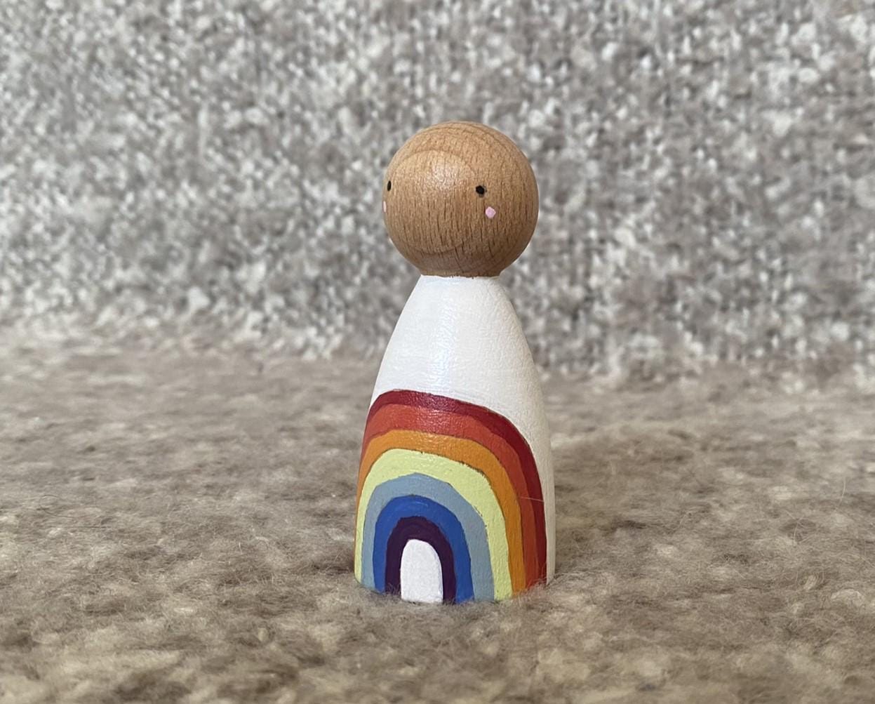 Hand painted rainbow design wooden peg doll (8cm)