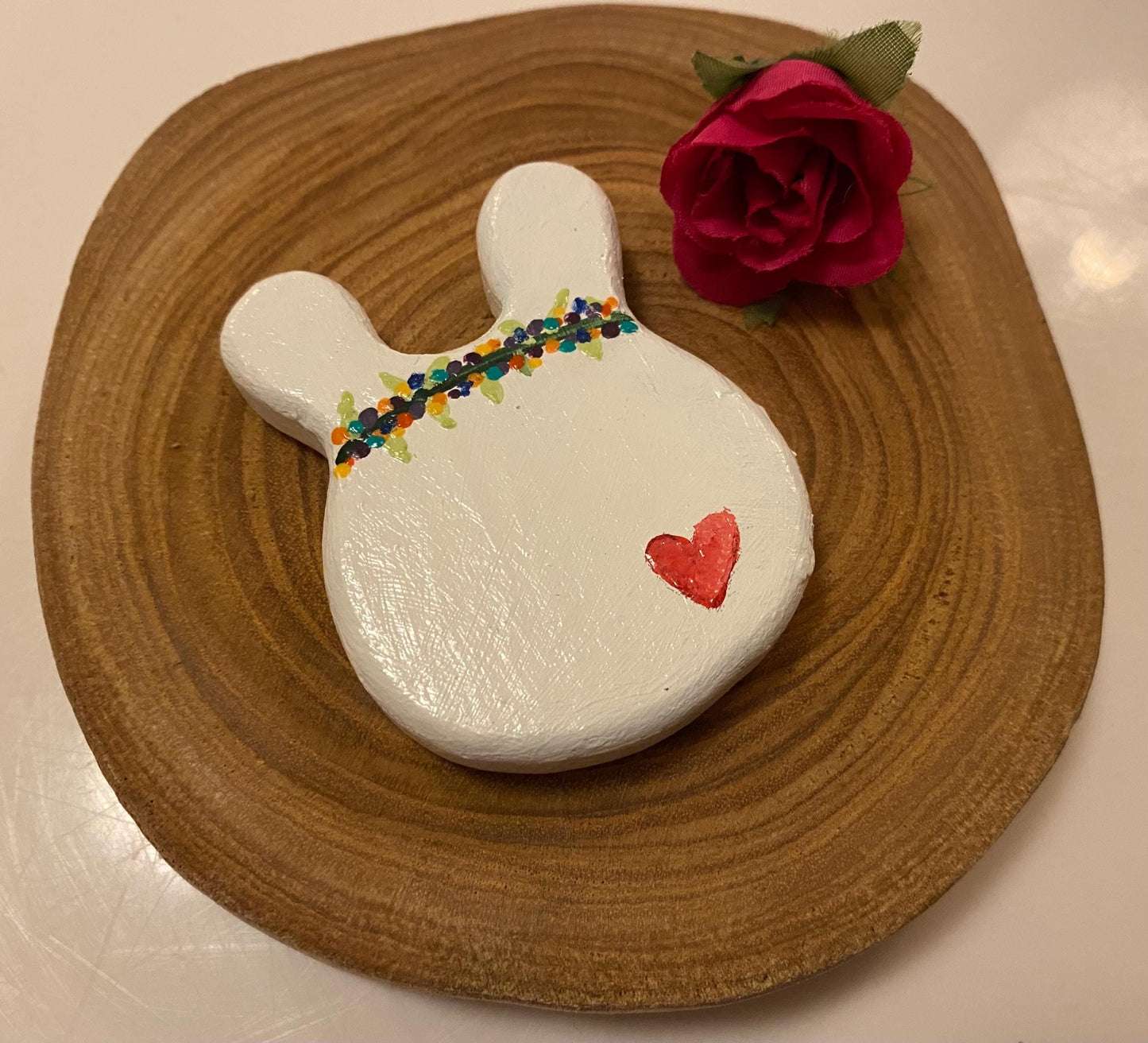 White wooden bunny with floral crown hand painted
