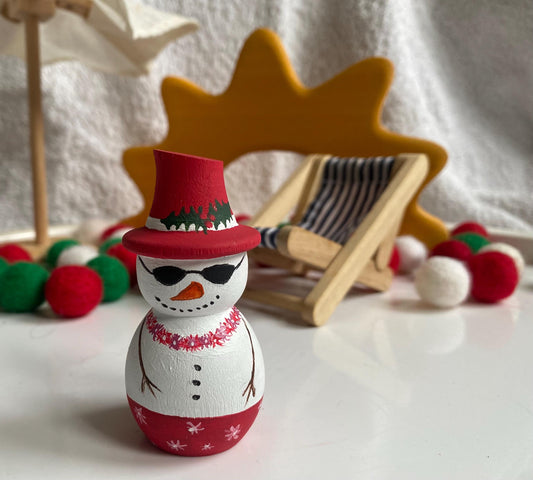 Snowman in Summer hand painted wooden peg doll (7cm)