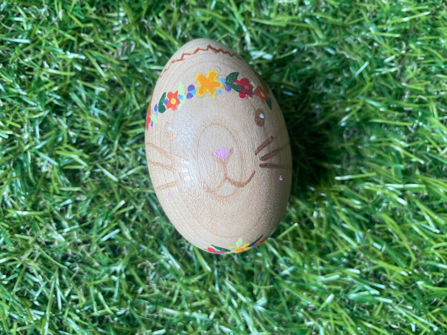 Hand painted Easter bunny natural wood design egg (6.4cm)
