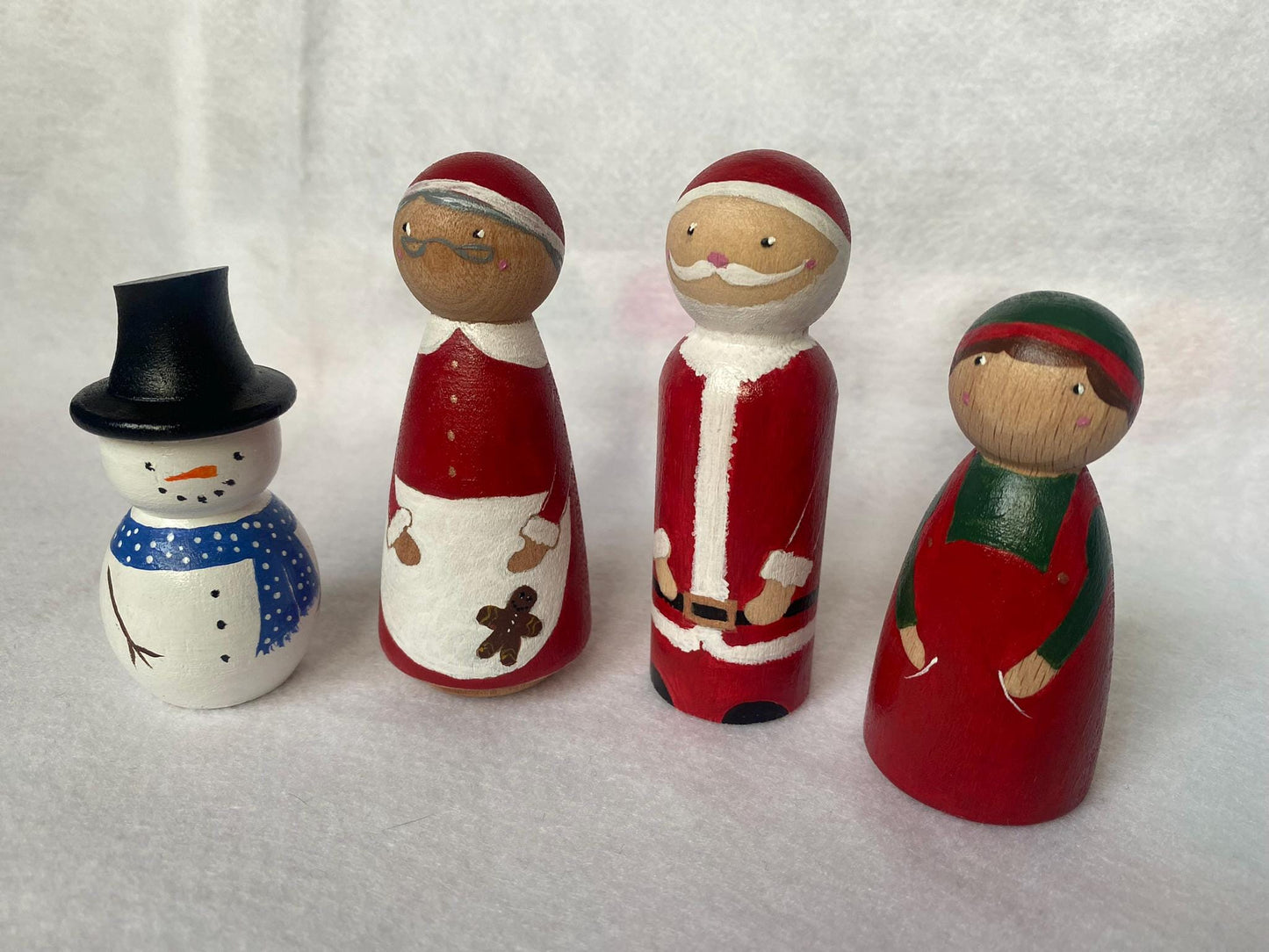 Hand painted wooden Christmas peg doll set (Santa Claus, Mrs Claus, Elf and Snowman)