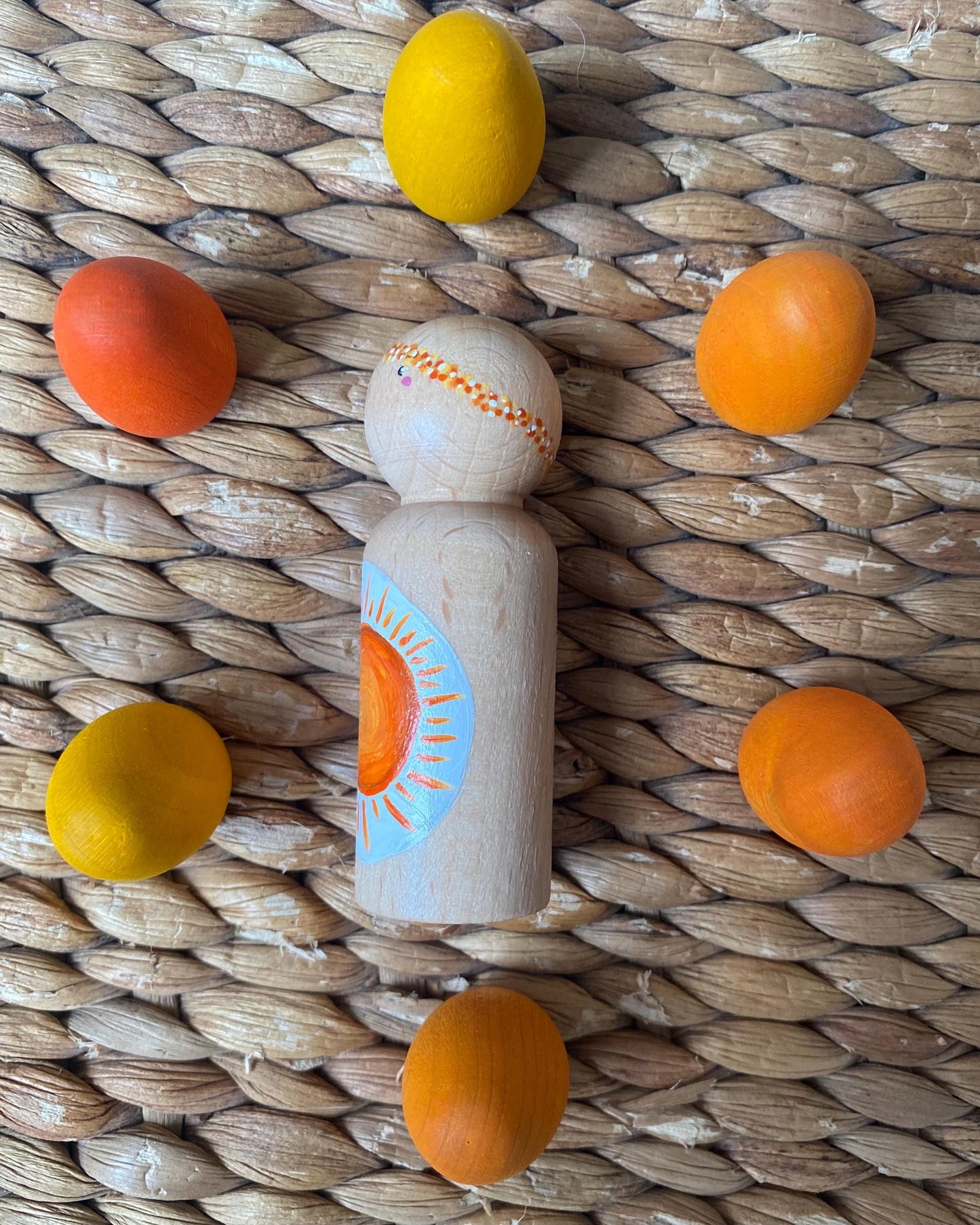 Hand painted sunshine design wooden peg doll (8cm)