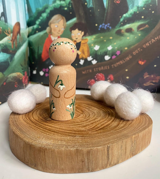 Snowdrop flower hand painted wooden peg doll (6.5cm)