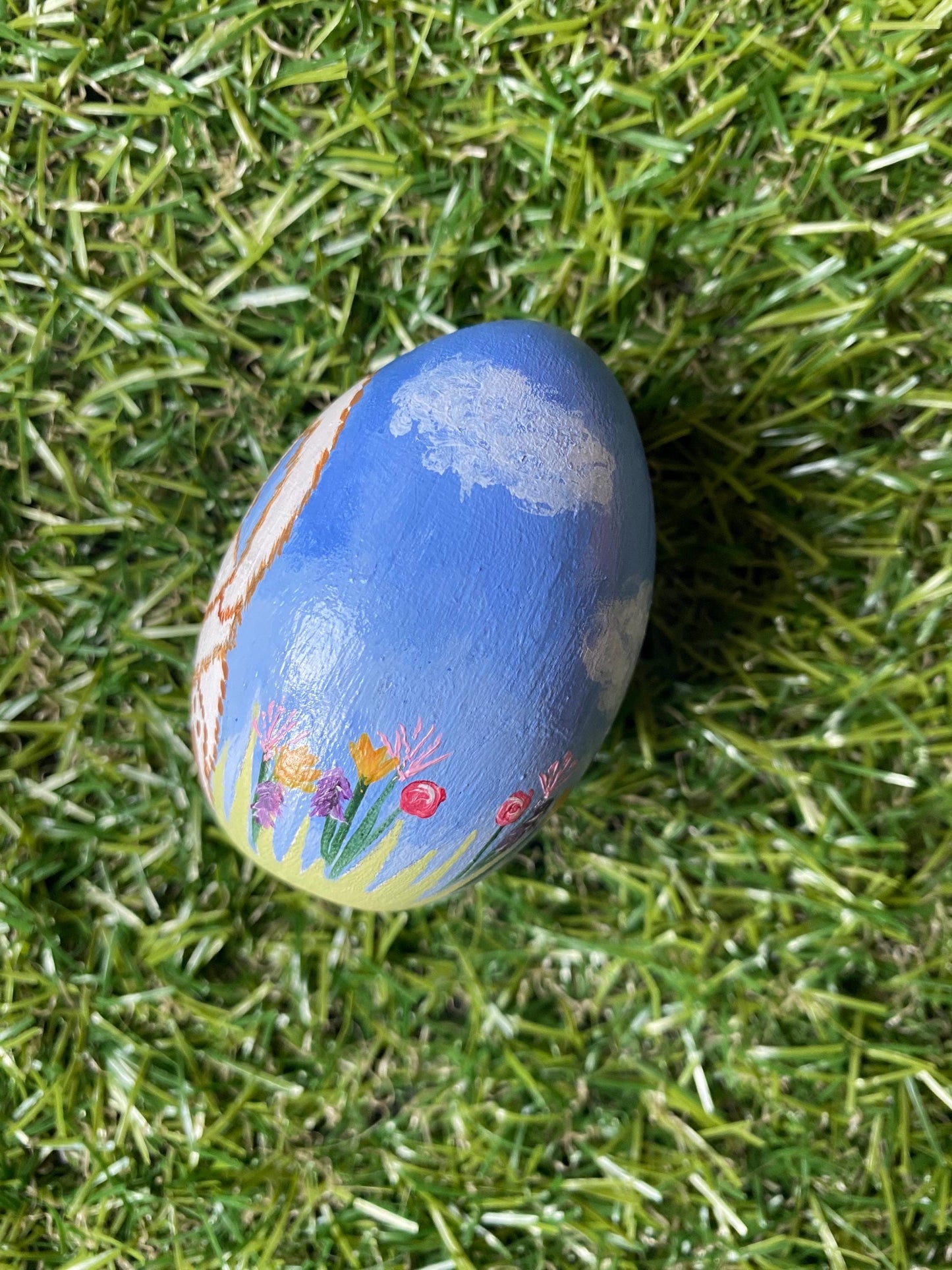 Hand painted Easter bunny and Spring garden wooden egg (6.4cm)