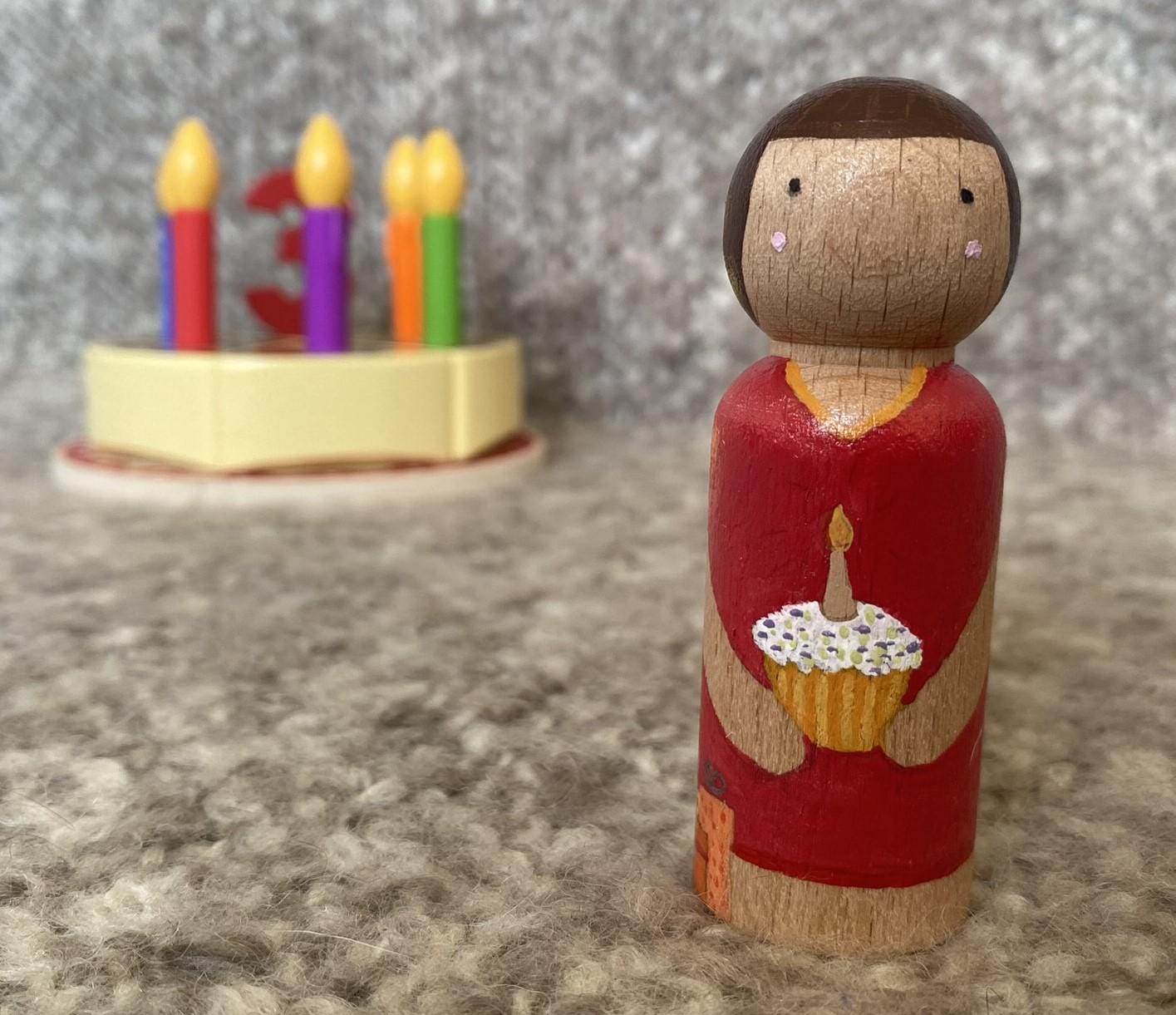 Hand painted birthday celebration wooden peg doll (8cm)