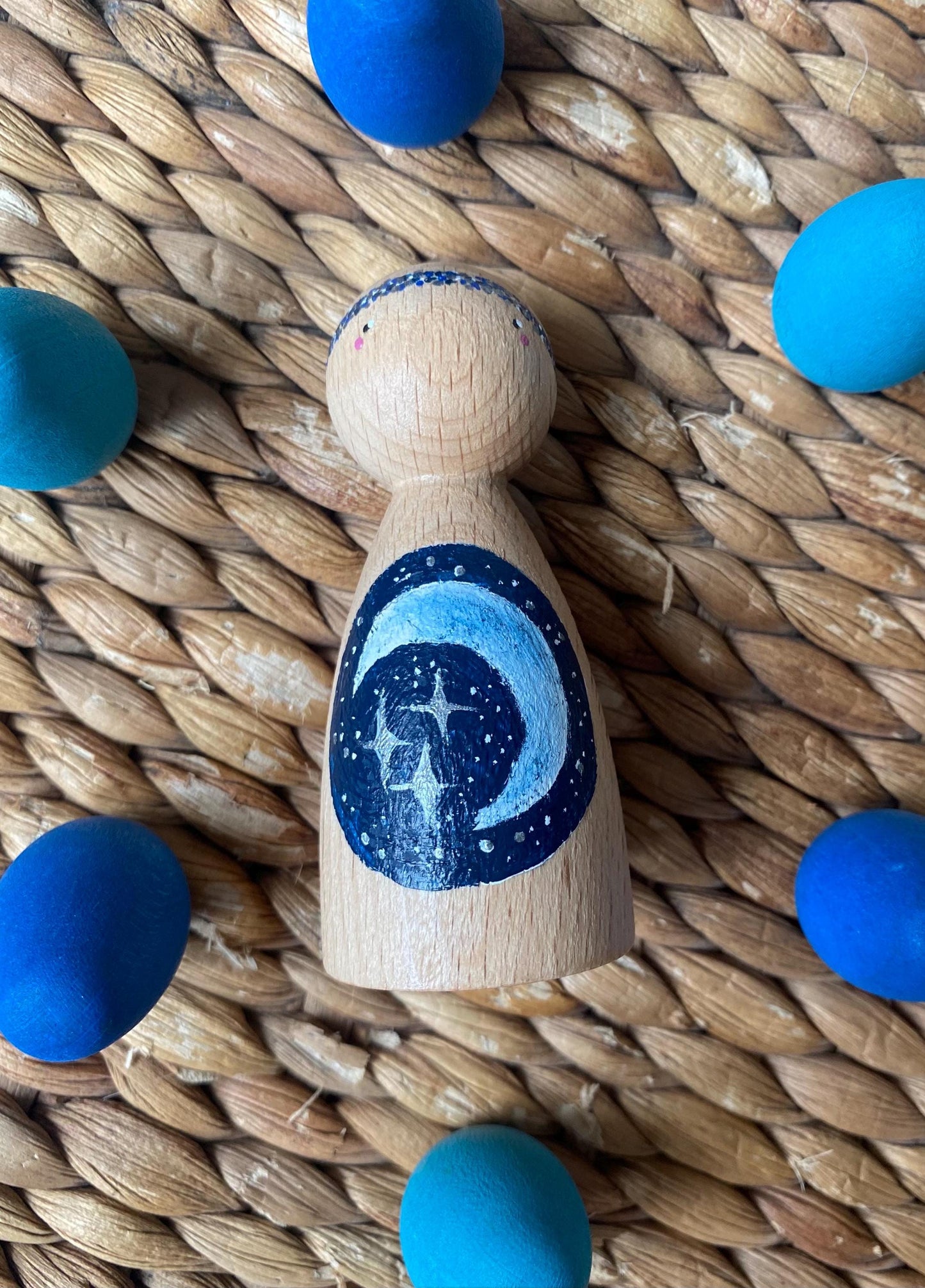 Hand painted crescent moon and stars wooden peg doll (8cm)