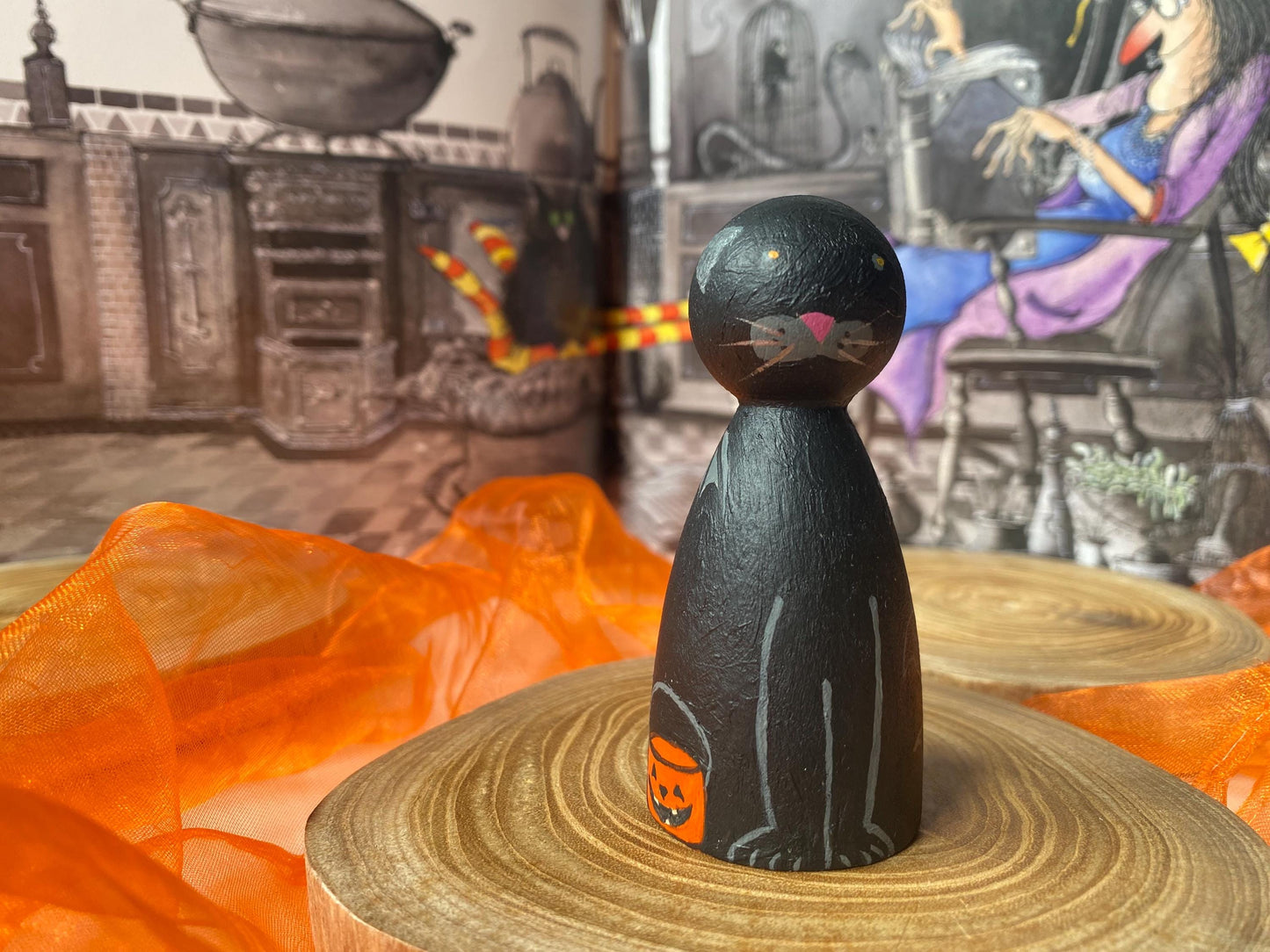 Hand painted black Bat Cat wooden peg doll (8cm)