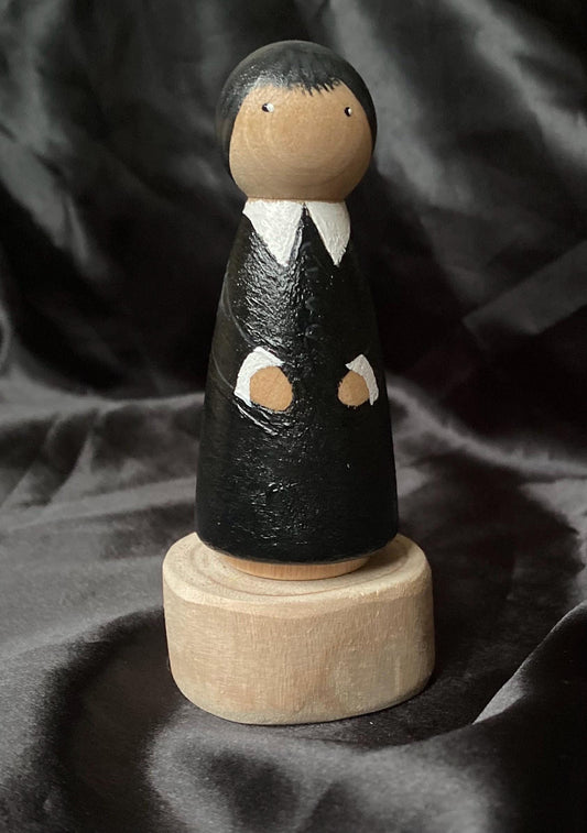 Hand painted wooden Wednesday/gothic girl peg doll (9cm)