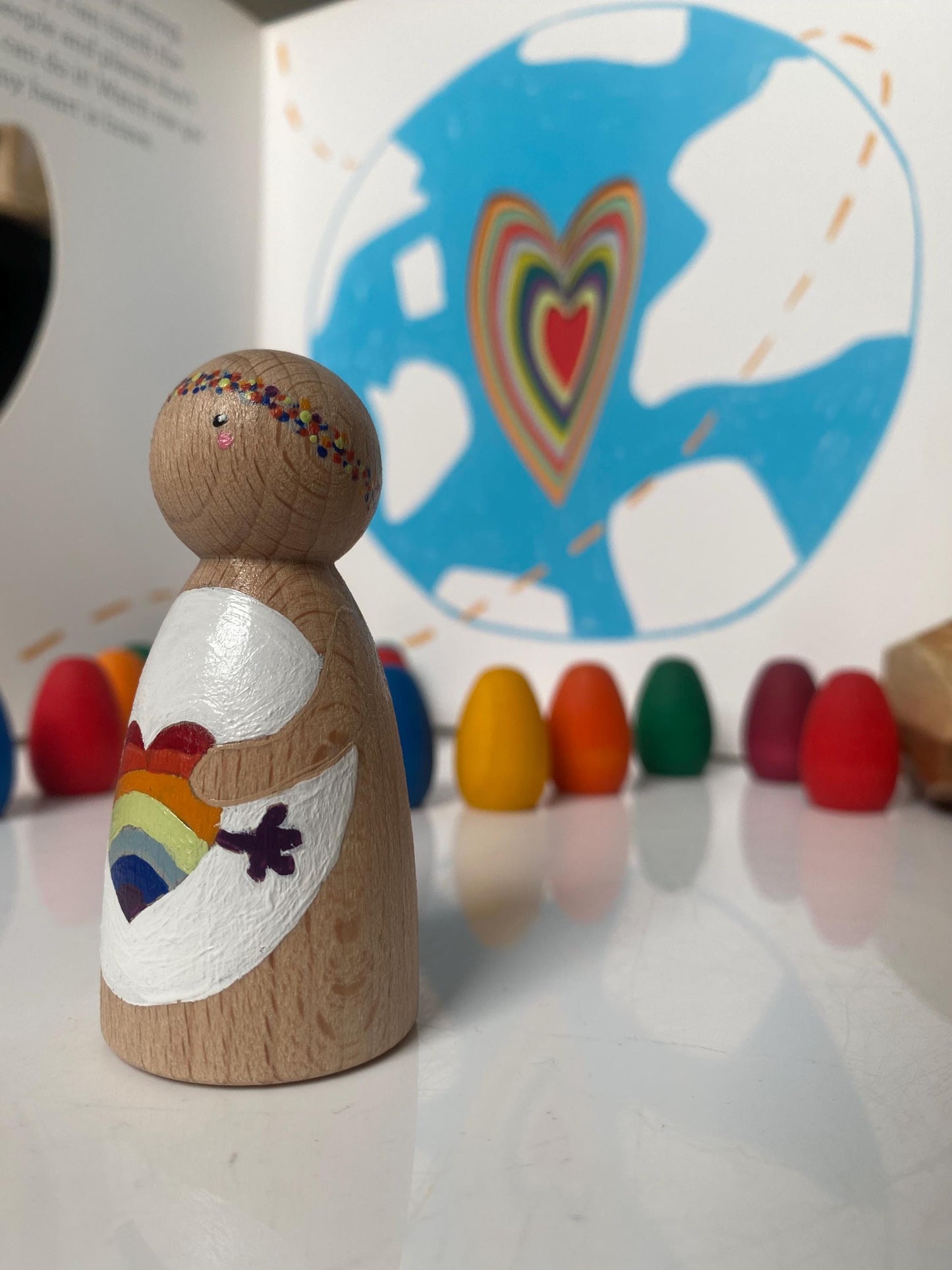 Hand painted rainbow hug wooden peg doll (7.5cm)