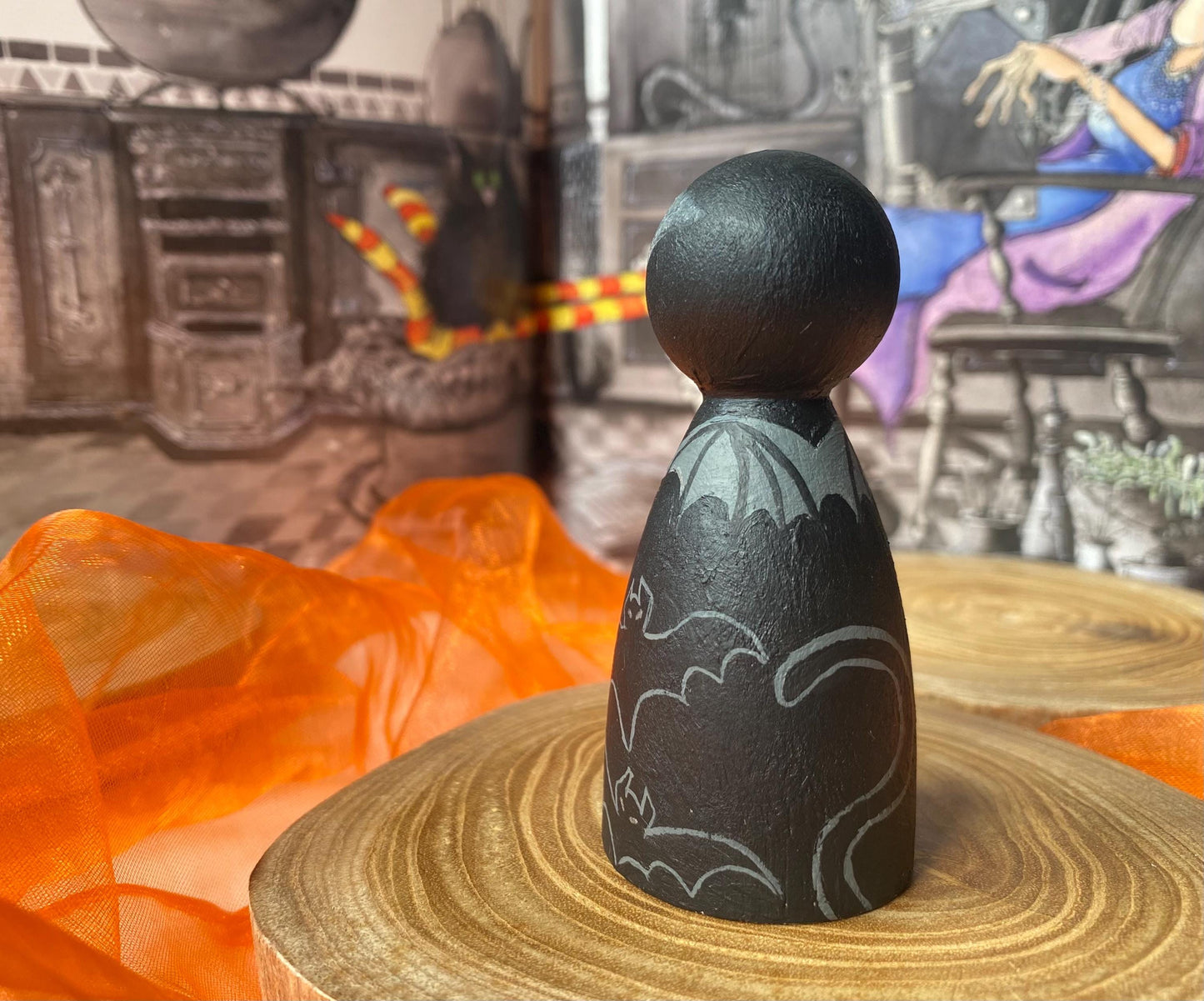 Hand painted black Bat Cat wooden peg doll (8cm)