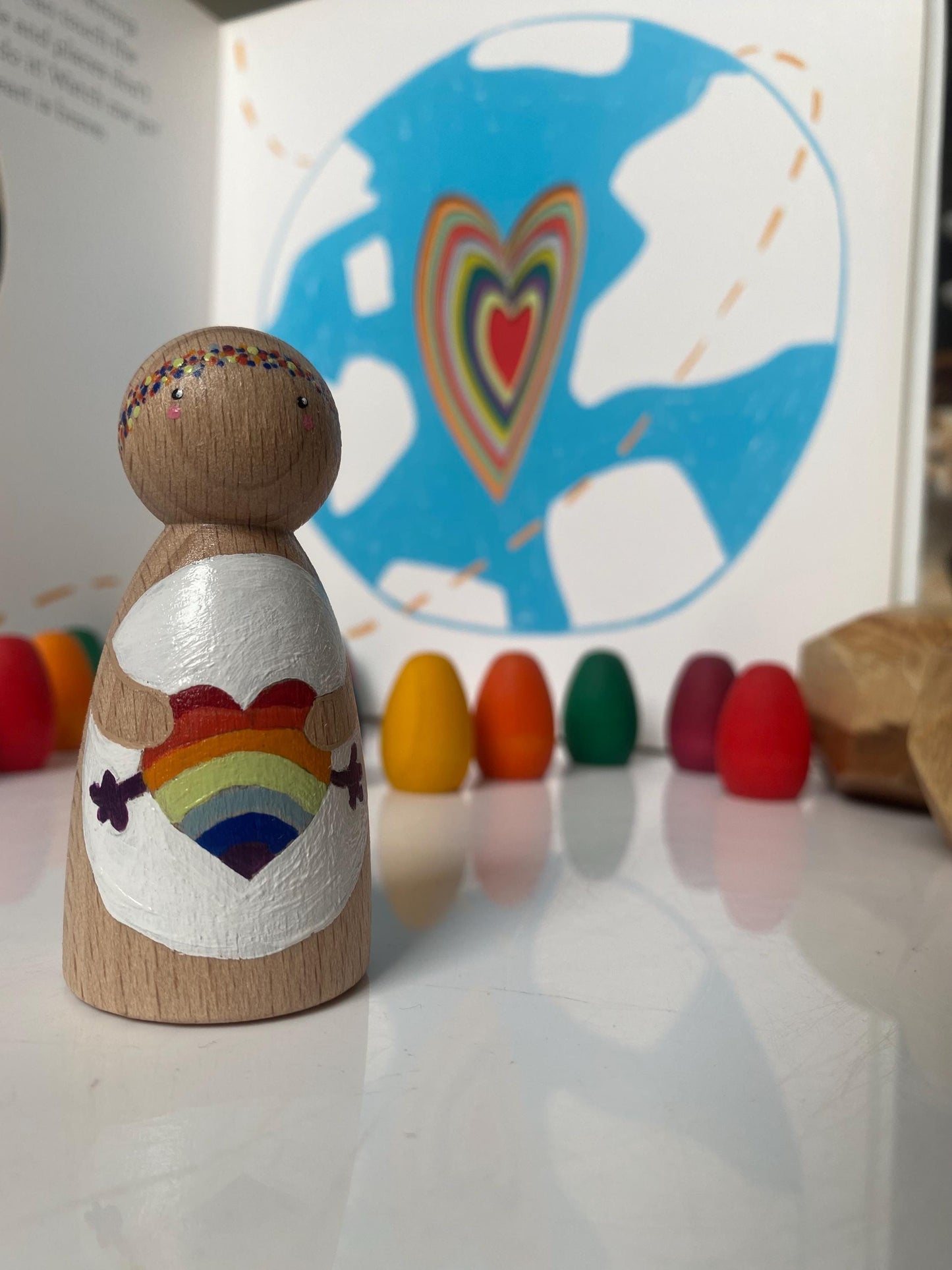 Hand painted rainbow hug wooden peg doll (7.5cm)