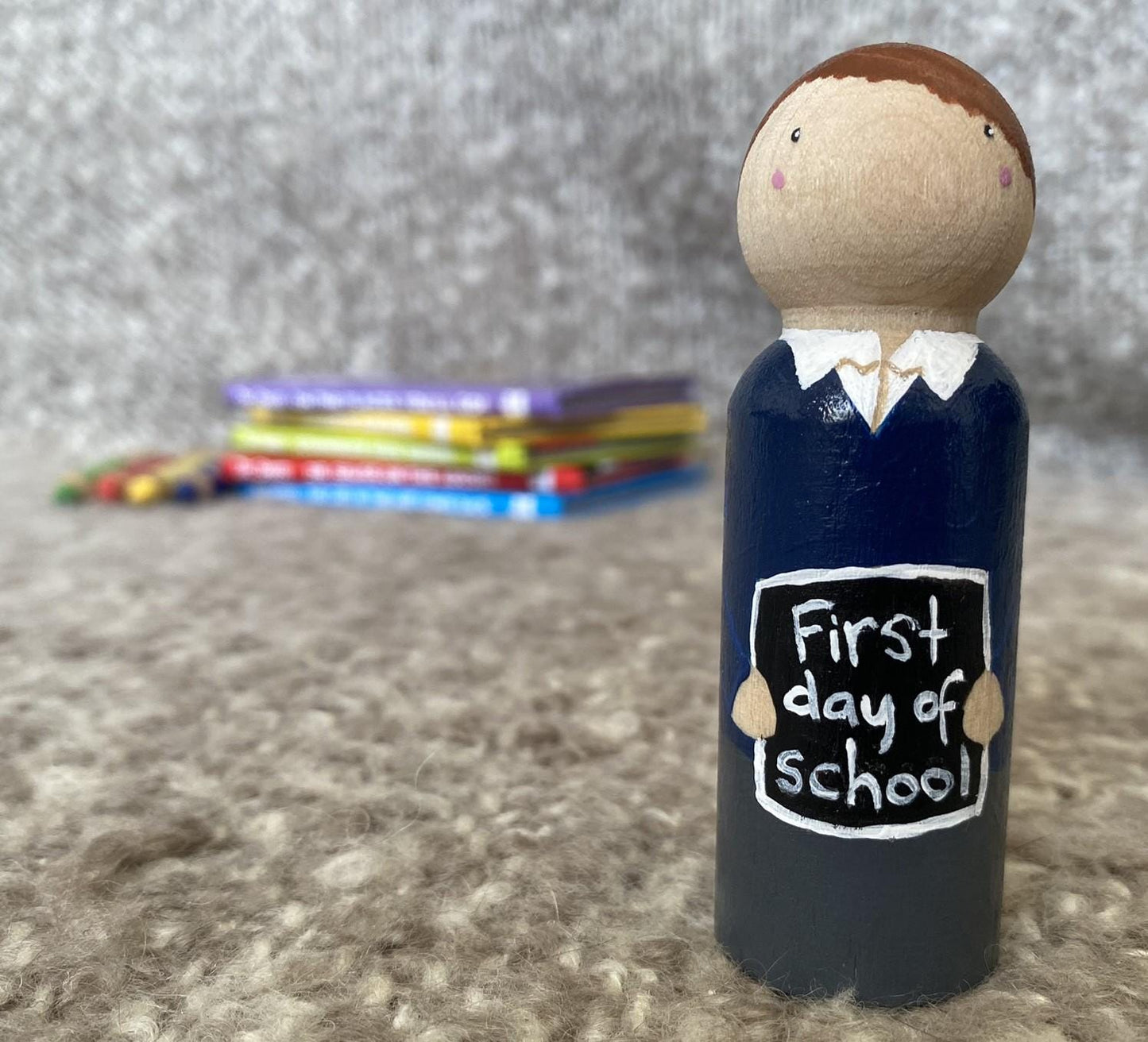 Hand painted First Day of School wooden peg doll (9cm)
