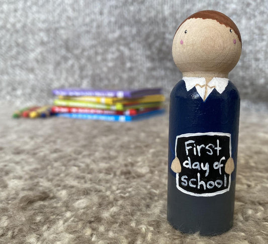 Hand painted First Day of School wooden peg doll (9cm)