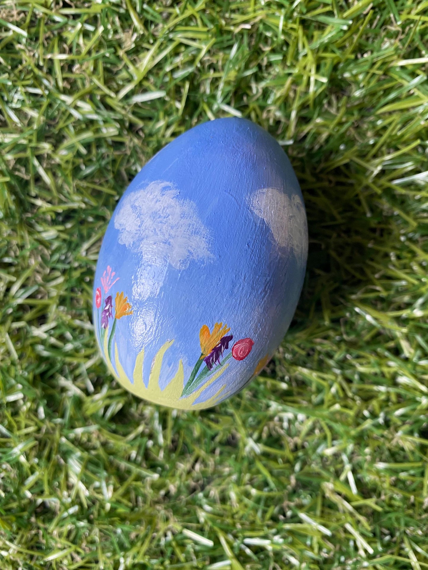 Hand painted Easter bunny and Spring garden wooden egg (6.4cm)