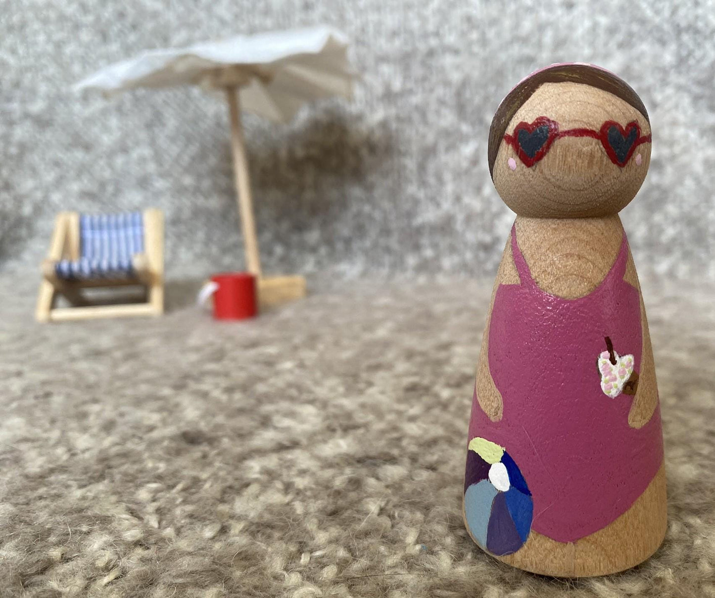 Handpainted pink swimsuit wooden peg doll (8 cm)