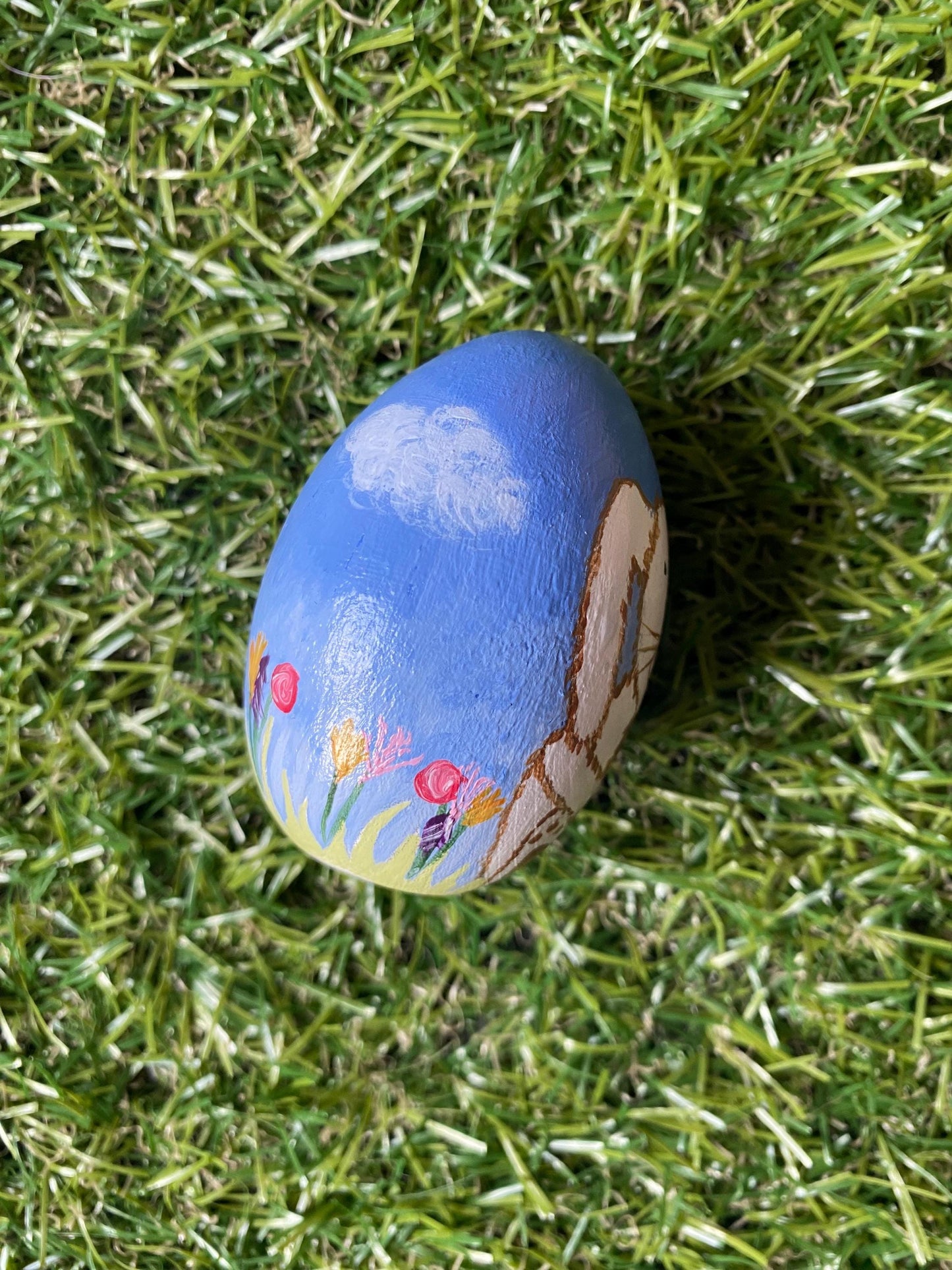 Hand painted Easter bunny and Spring garden wooden egg (6.4cm)