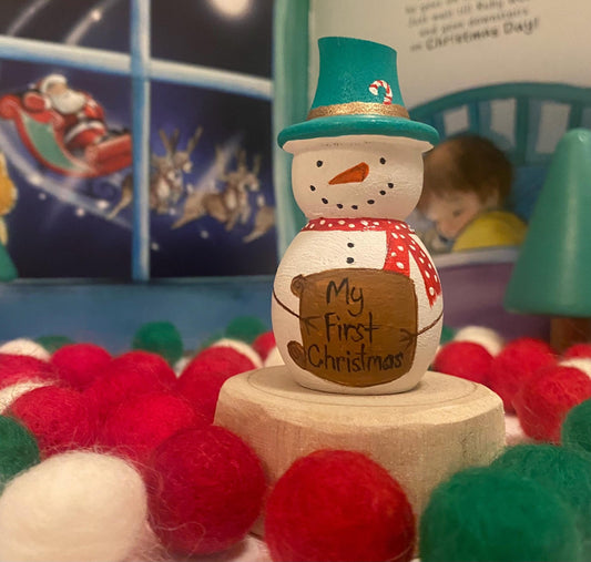 My First Christmas Snowman hand painted wooden peg doll (7cm)
