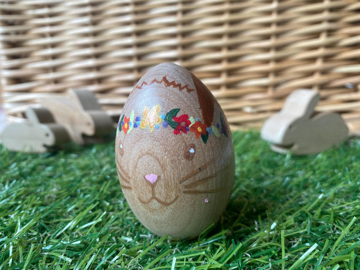 Hand painted Easter bunny natural wood design egg (6.4cm)