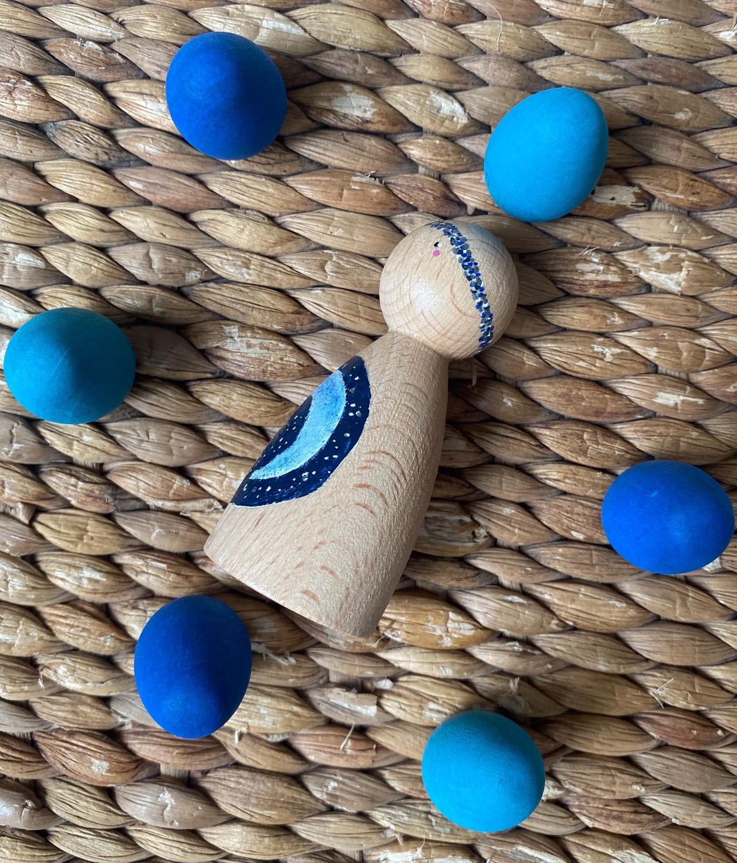 Hand painted crescent moon and stars wooden peg doll (8cm)