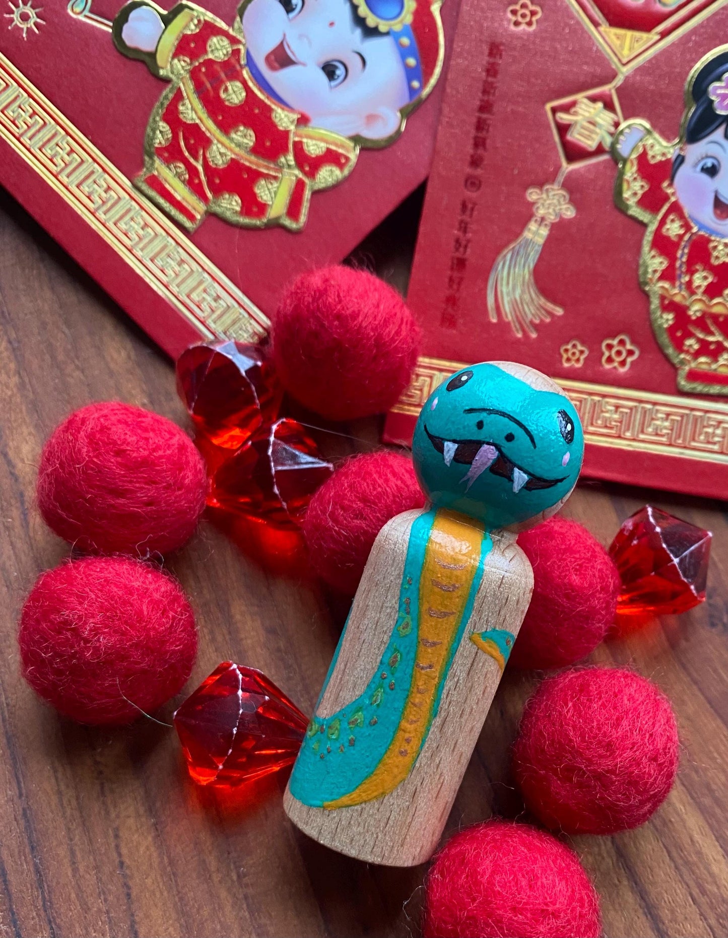 Hand painted green snake wooden peg doll (6.5cm)