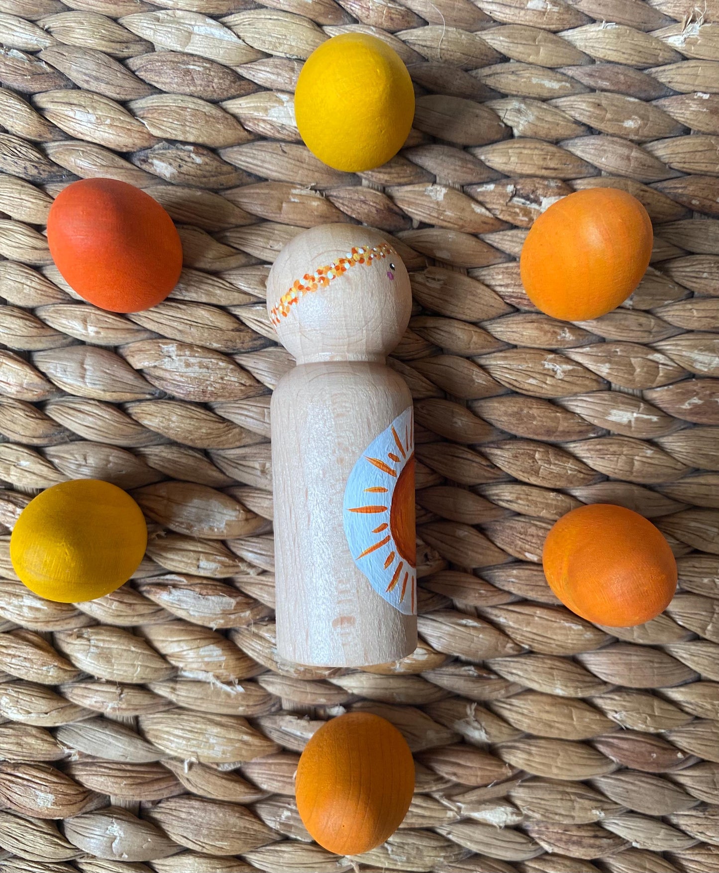 Hand painted sunshine design wooden peg doll (8cm)