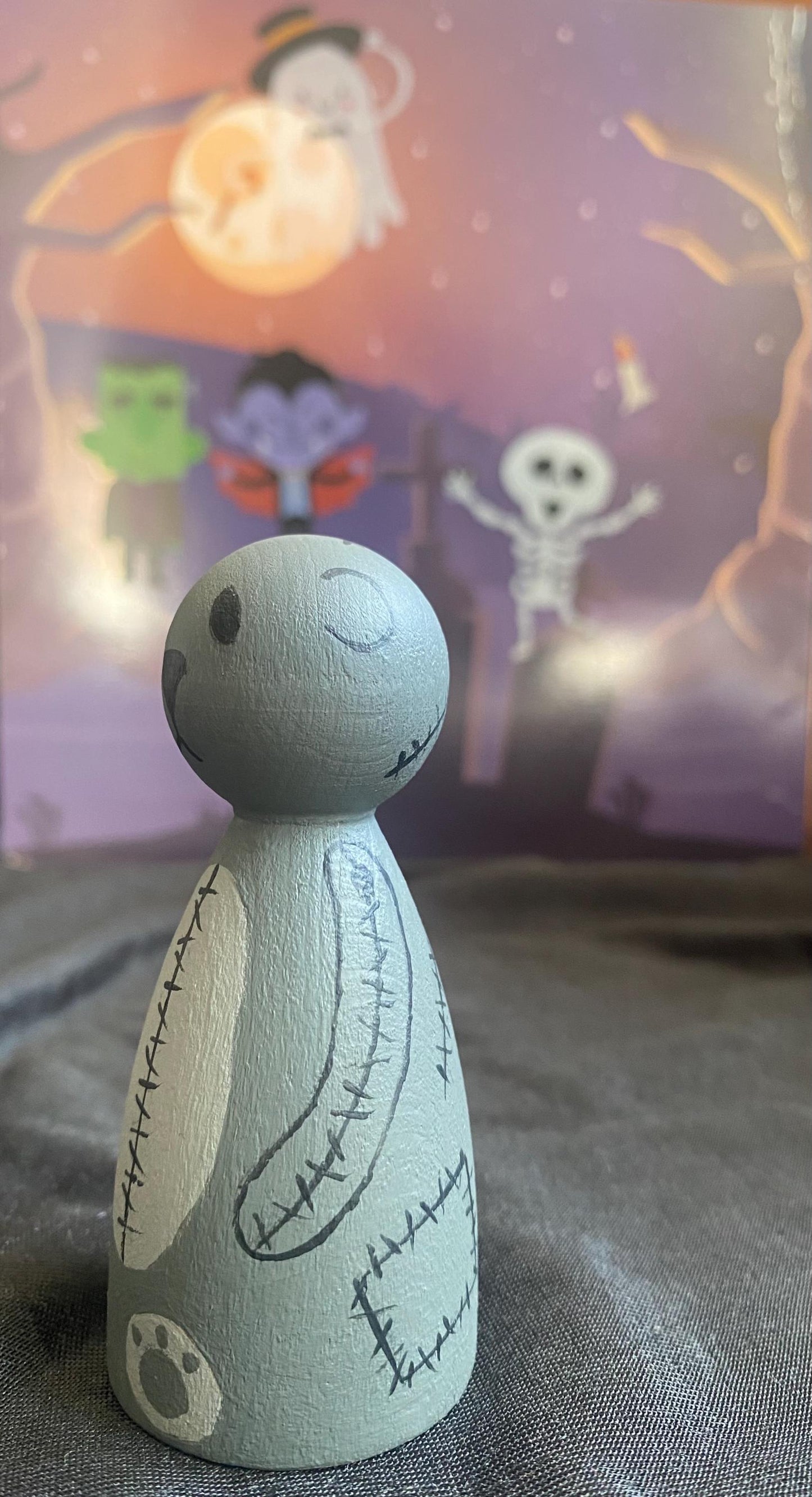 Hand painted Spooky Stitch Teddy Bear wooden peg doll (8cm)