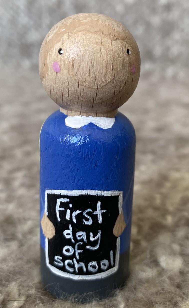 Hand painted First Day of School wooden peg doll (6.5cm)