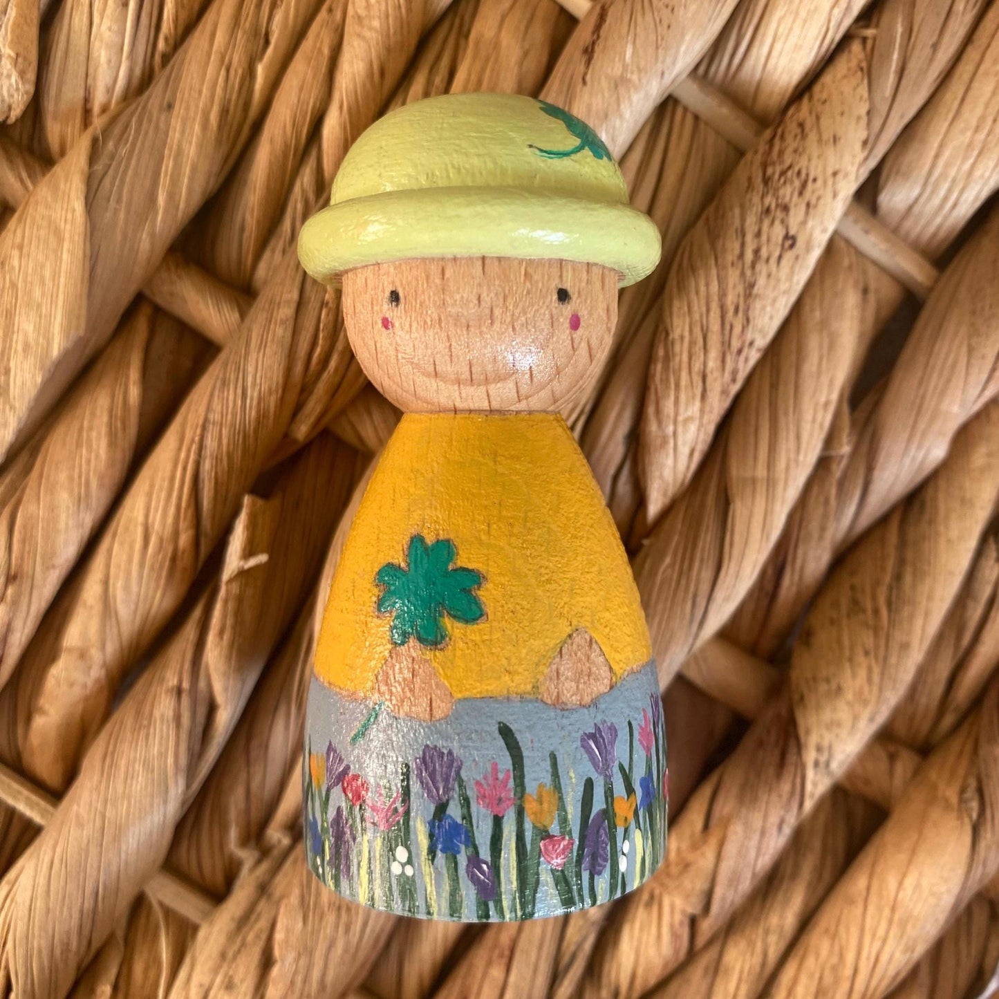Hand painted four-leafed clover Spring flower wooden peg doll (7cm)