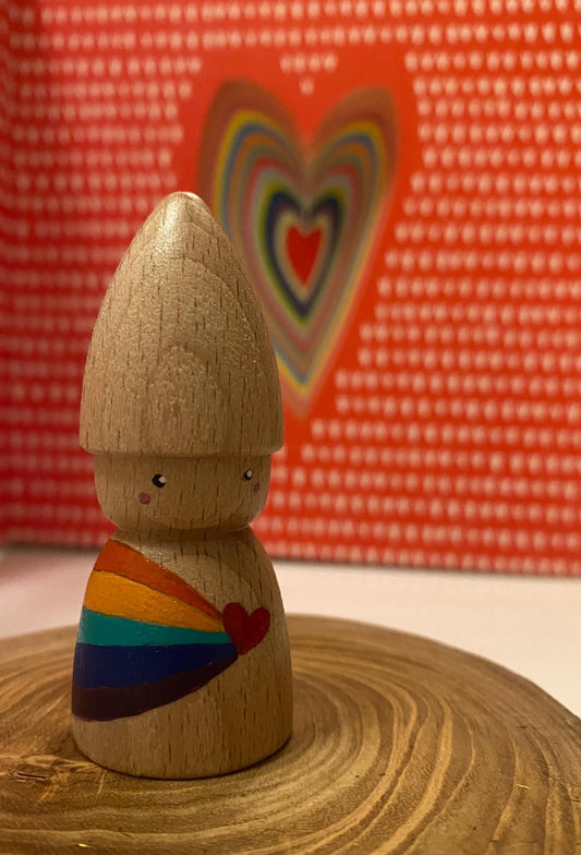 Rainbow heart gnome hand painted wooden peg doll (7cm)