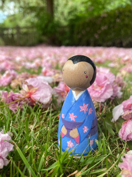 Kimono with Sakura handpainted wooden peg doll (6.5cm)