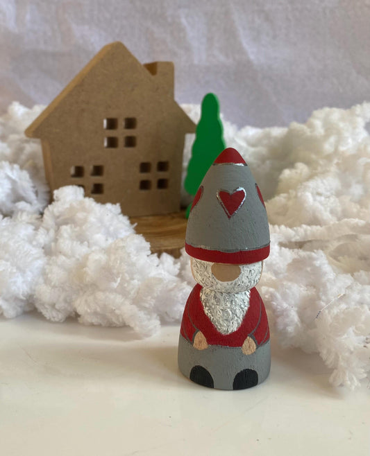 Love heart gonk (grey, red and silver) hand painted wooden peg doll (7cm)