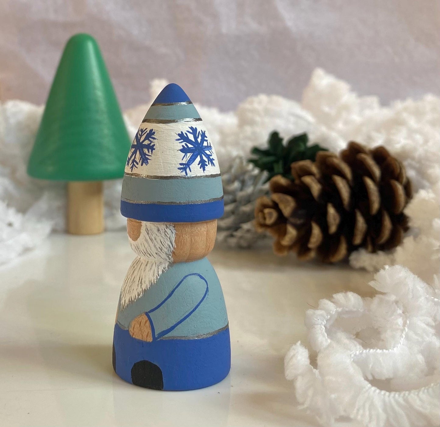 Christmas gonk (blue, white and silver) hand painted wooden peg doll (7cm)