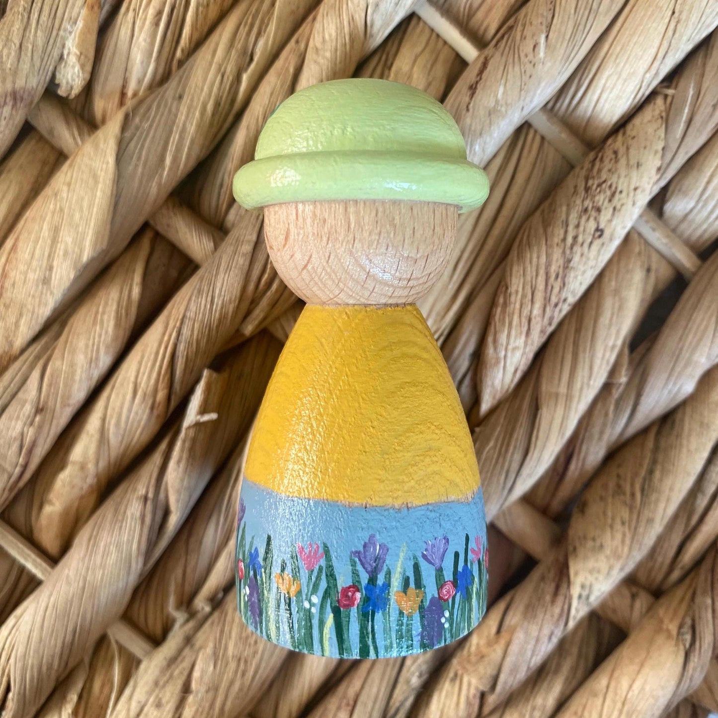 Hand painted four-leafed clover Spring flower wooden peg doll (7cm)