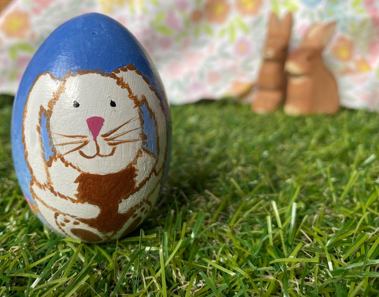 Hand painted Easter bunny and Spring garden wooden egg (6.4cm)