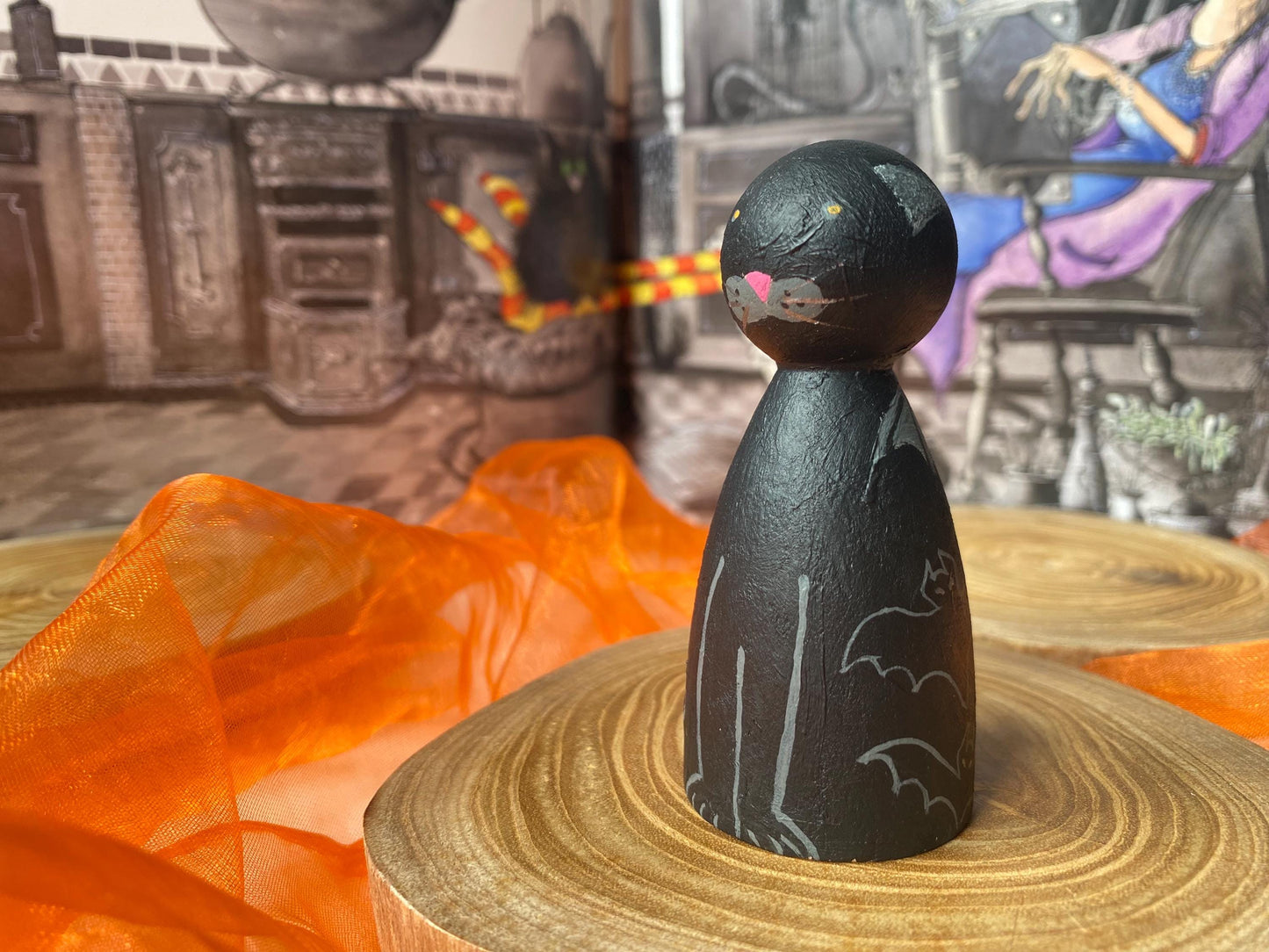 Hand painted black Bat Cat wooden peg doll (8cm)