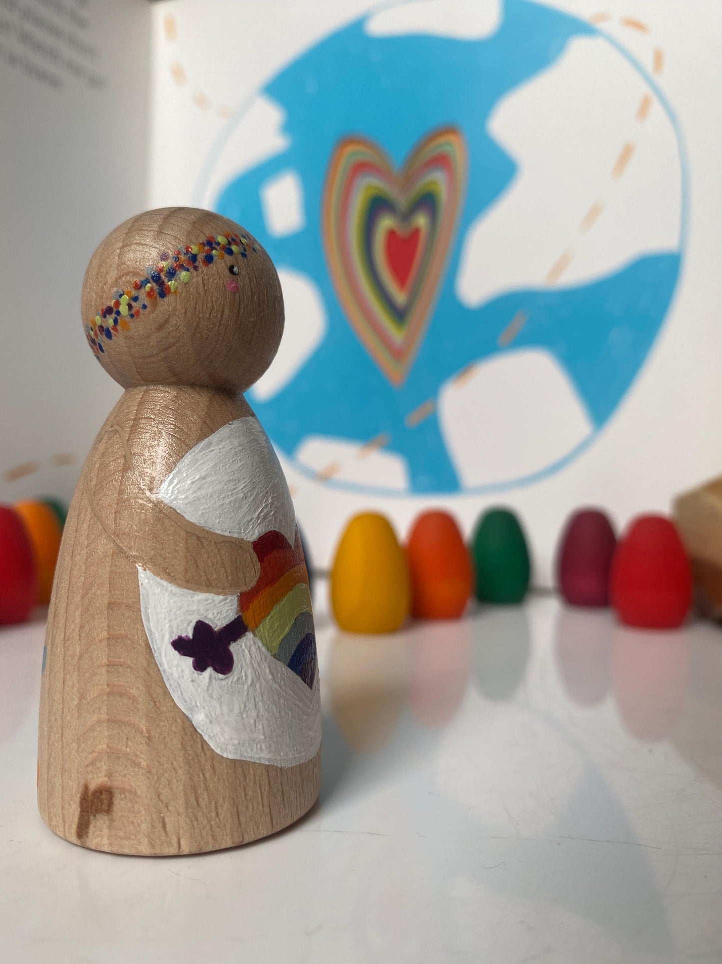 Hand painted rainbow hug wooden peg doll (7.5cm)
