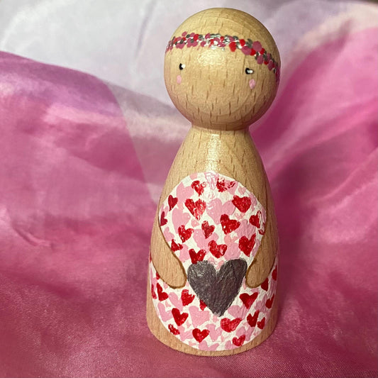 Silver love heart design hand painted wooden peg doll (6.5cm)
