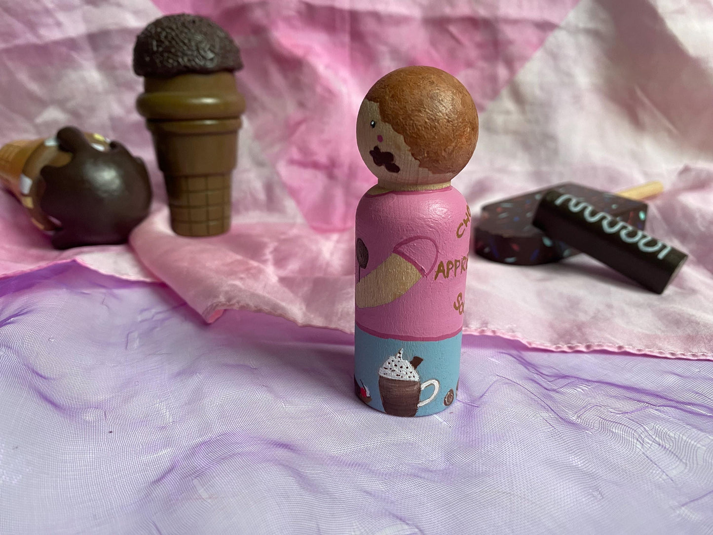 Hand painted Chocolate Appreciation Society wooden peg doll (8cm)
