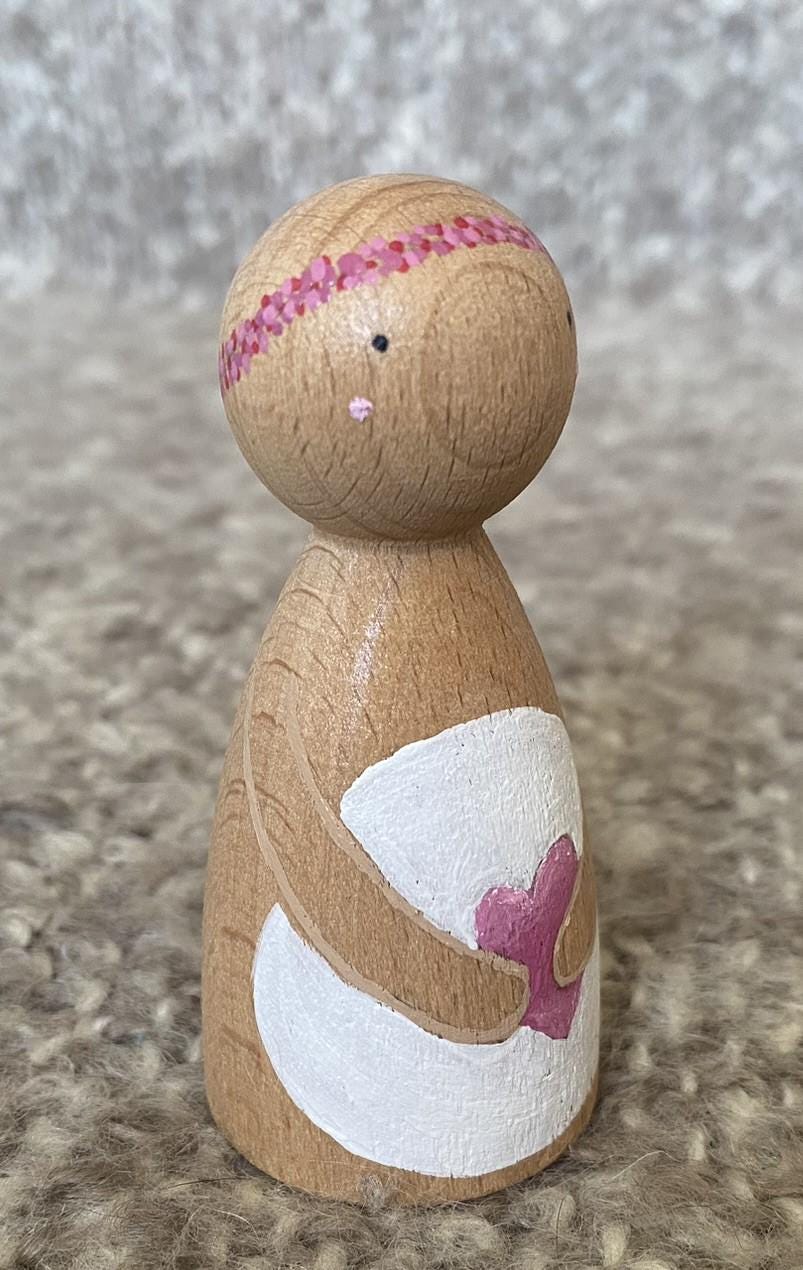 Hand painted pink heart design wooden peg doll (8cm)